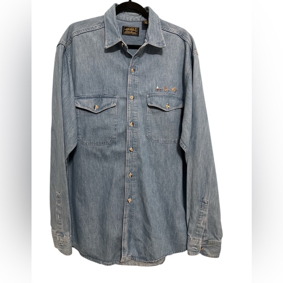 Eddie Bauer Other - Eddie Bauer Mens Large Tall Denim‎ Shirt Embroidered Fly Fishing Flies Button Up